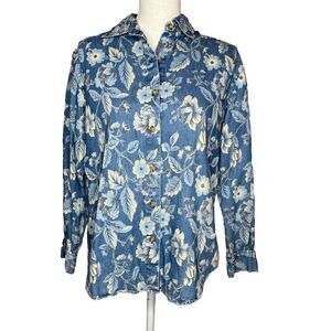 Vtg Cabin Creek‎ chambray floral button long sleeve womens cottagecore shirt S